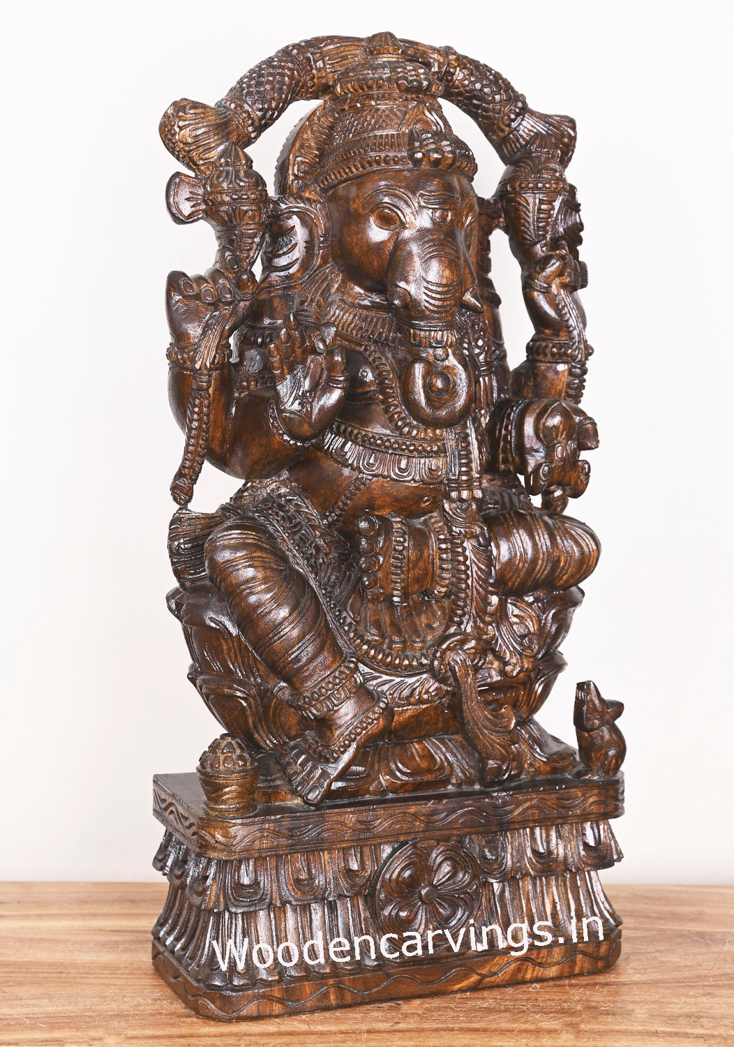 Decorative Lord Ganesha Carved With Beautiful Arch Garland Seated on Flower Lotus Polished Sculpture 25"