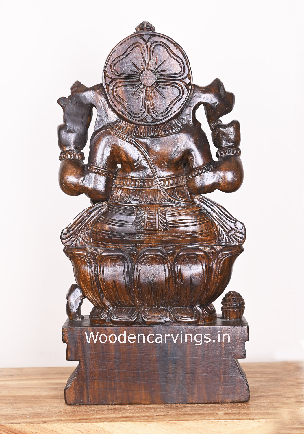 Four Arms Maha Ganapathi on Lotus Polished Finishing Vaagai Wood Home Decor Sculpture 25"