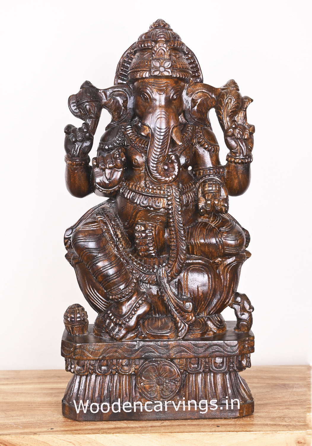 Four Arms Maha Ganapathi on Lotus Polished Finishing Vaagai Wood Home Decor Sculpture 25"