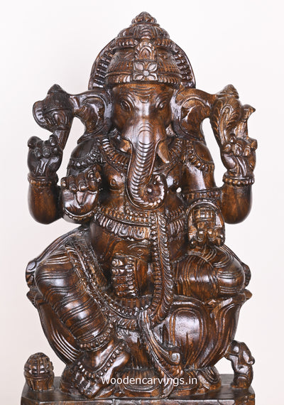 Four Arms Maha Ganapathi on Lotus Polished Finishing Vaagai Wood Home Decor Sculpture 25"