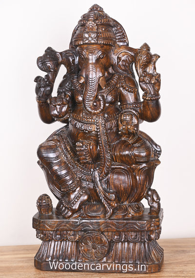 Four Arms Maha Ganapathi on Lotus Polished Finishing Vaagai Wood Home Decor Sculpture 25"