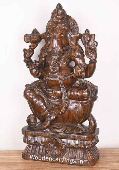 Shri Maha Ganapathi Seated on Lotus and Holding Mothak Wooden Fine Polished Sculpture 31"