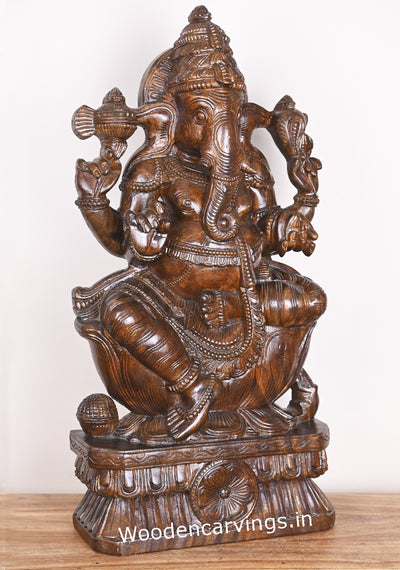 Shri Maha Ganapathi Seated on Lotus and Holding Mothak Wooden Fine Polished Sculpture 31"