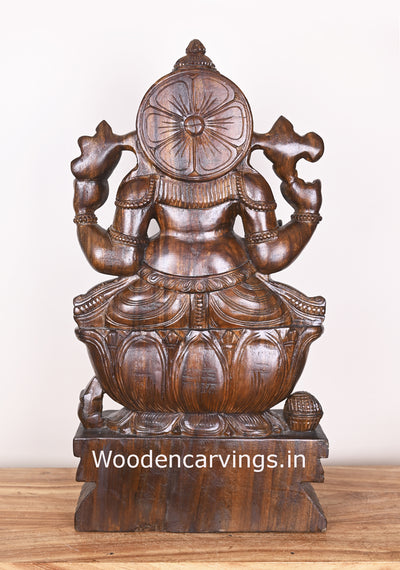 Shri Maha Ganapathi Seated on Lotus and Holding Mothak Wooden Fine Polished Sculpture 31"