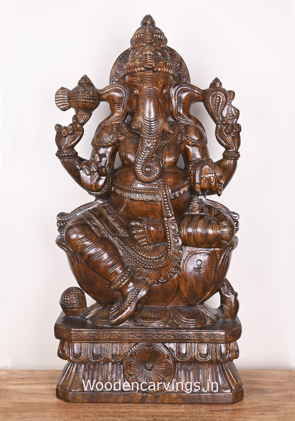 Shri Maha Ganapathi Seated on Lotus and Holding Mothak Wooden Fine Polished Sculpture 31"