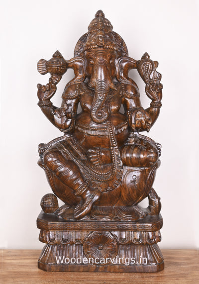 Shri Maha Ganapathi Seated on Lotus and Holding Mothak Wooden Fine Polished Sculpture 31"