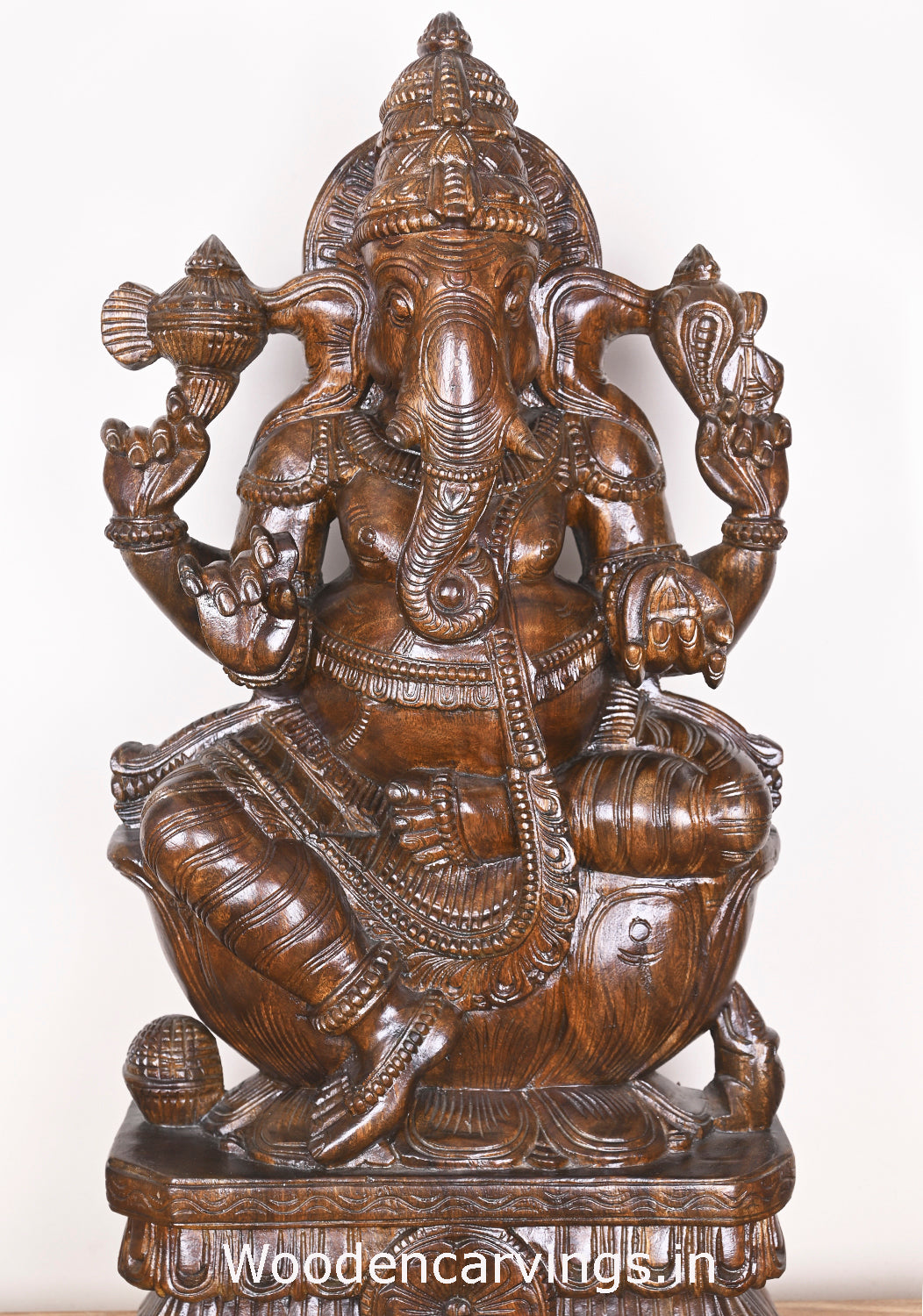 Shri Maha Ganapathi Seated on Lotus and Holding Mothak Wooden Fine Polished Sculpture 31"