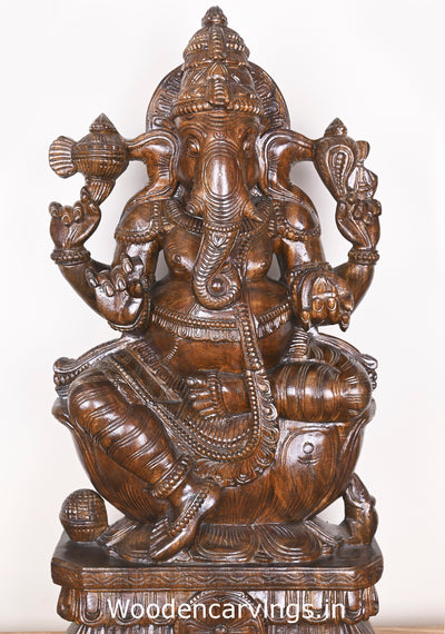 Shri Maha Ganapathi Seated on Lotus and Holding Mothak Wooden Fine Polished Sculpture 31"