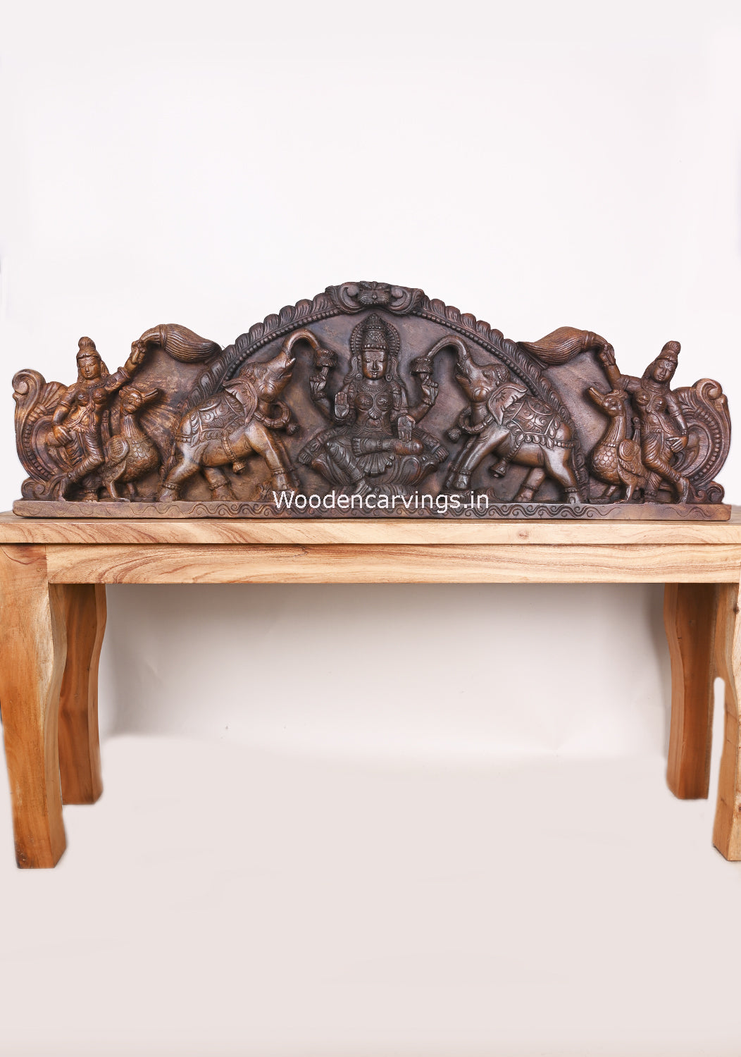 Prosperity Beauty Goddess GajaLakshmi Wooden Handmade Arch Elephants with Sevagars Wall Panel 45"