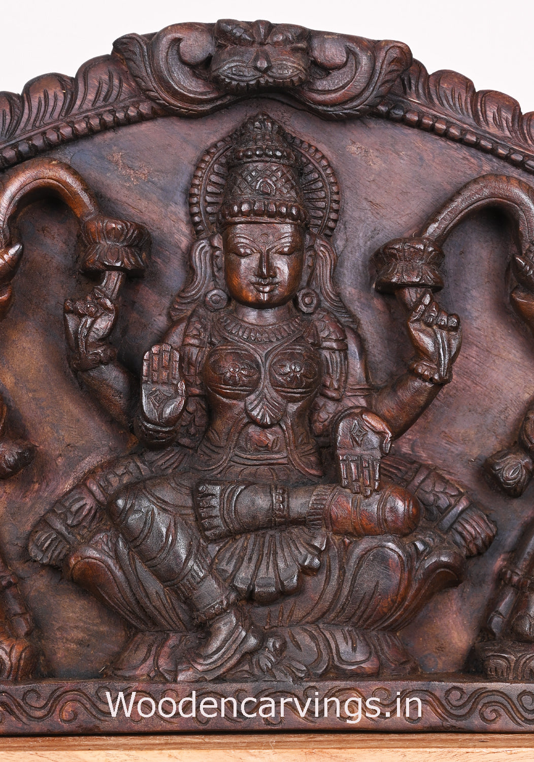 Prosperity Beauty Goddess GajaLakshmi Wooden Handmade Arch Elephants with Sevagars Wall Panel 45"