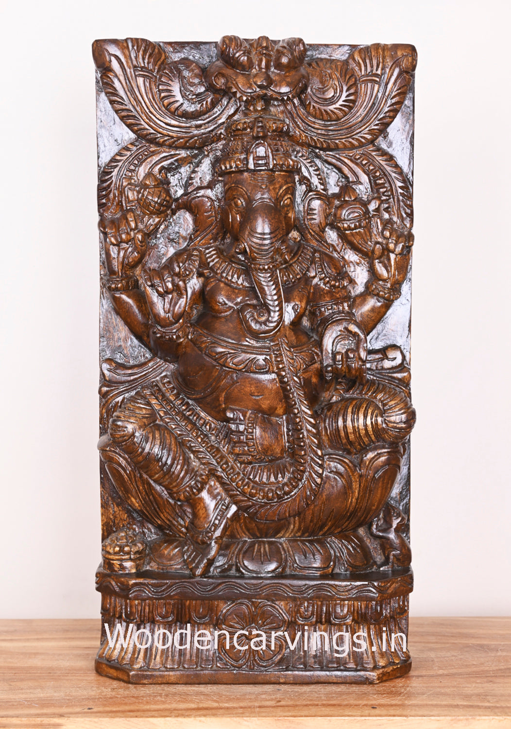 Vertical Lord Ganesha Seated on Lotus Wooden Polished Finishing Kirthi Mukh Sculpture 24"