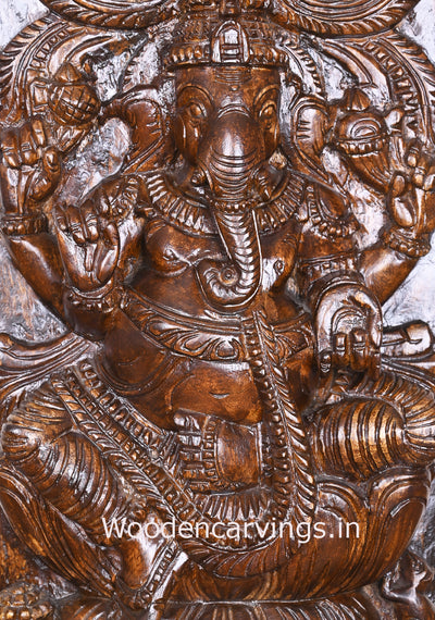 Vertical Lord Ganesha Seated on Lotus Wooden Polished Finishing Kirthi Mukh Sculpture 24"