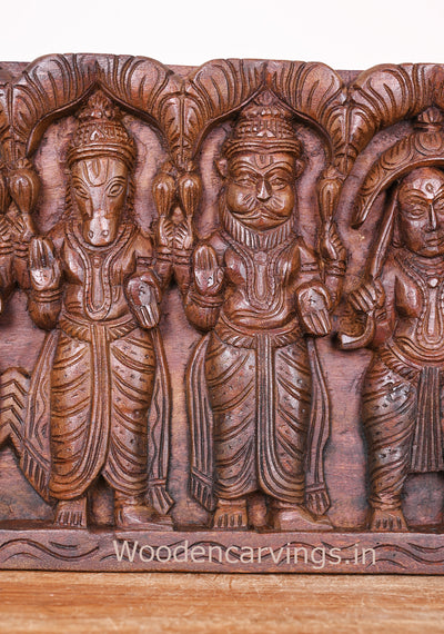 Wooden Horizontal Lord Vishnu Standing Powerful Dasavatars Horizontal Wax Brown Wooden Panel 37"