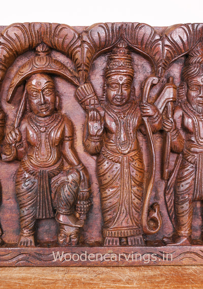 Wooden Horizontal Lord Vishnu Standing Powerful Dasavatars Horizontal Wax Brown Wooden Panel 37"