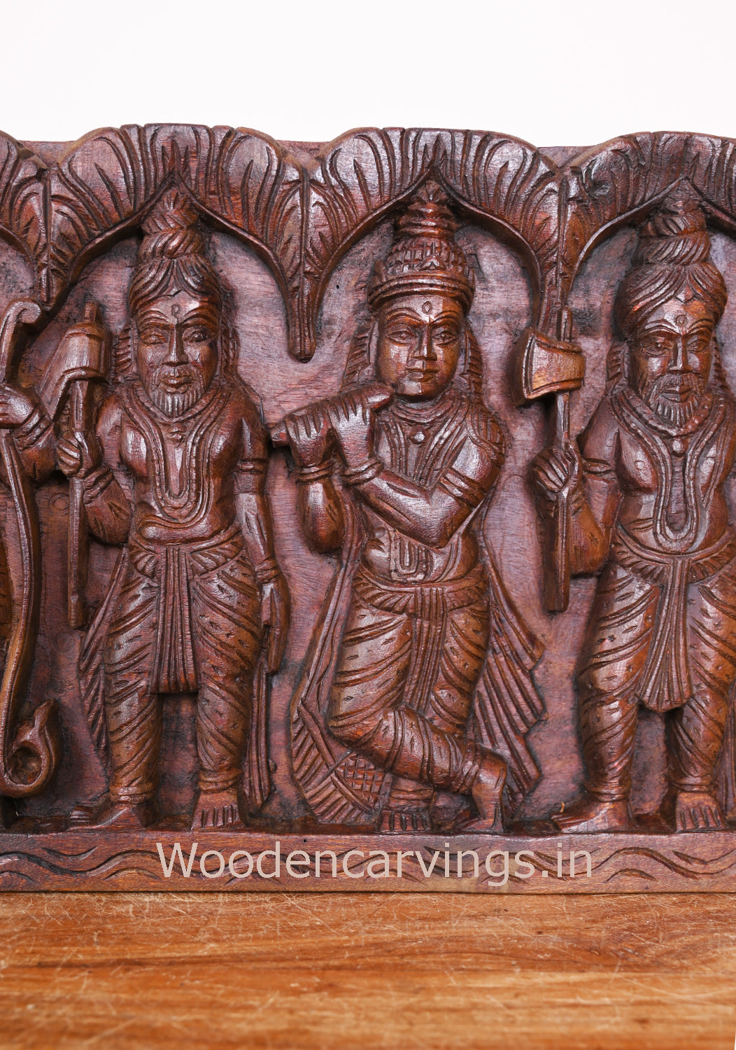 Wooden Horizontal Lord Vishnu Standing Powerful Dasavatars Horizontal Wax Brown Wooden Panel 37"