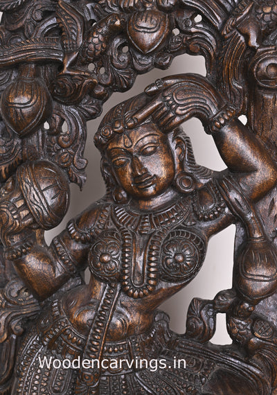 Polished Charm Gorgeous Standing Apsara Wearing Bindi and Holding Mirror in Her Hand Wall Mount 34"