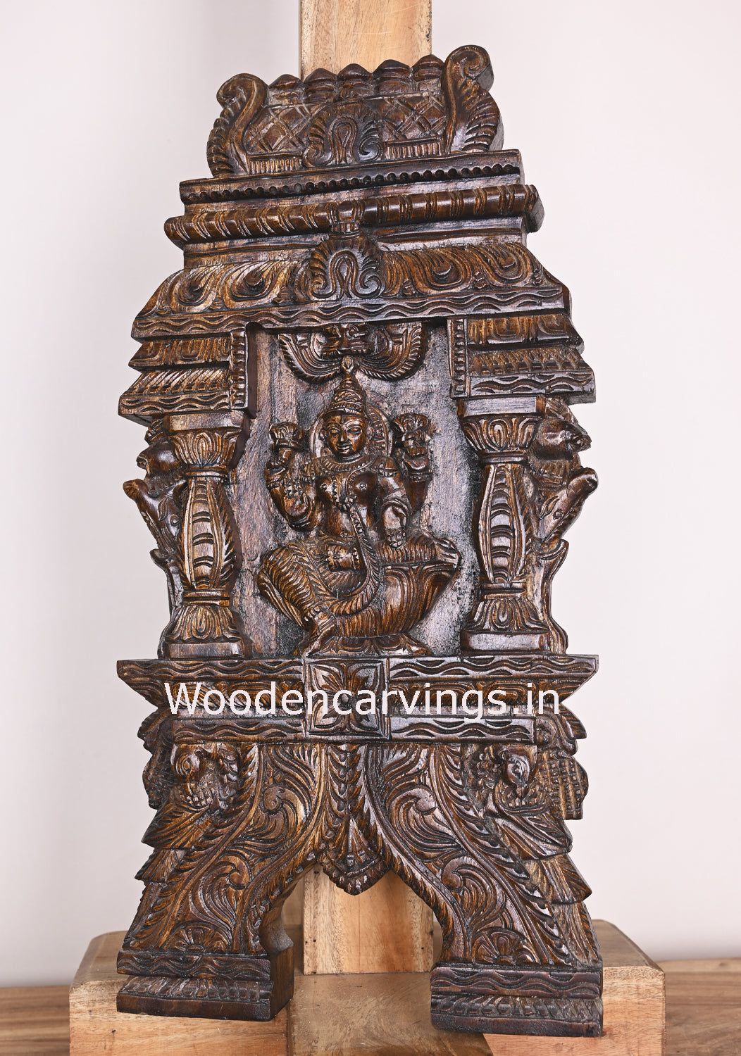 Wealthy Gorgeous Seated on Lotus Shri MahaLakshmi Polished Wooden Kavadi Wall Mount 24"