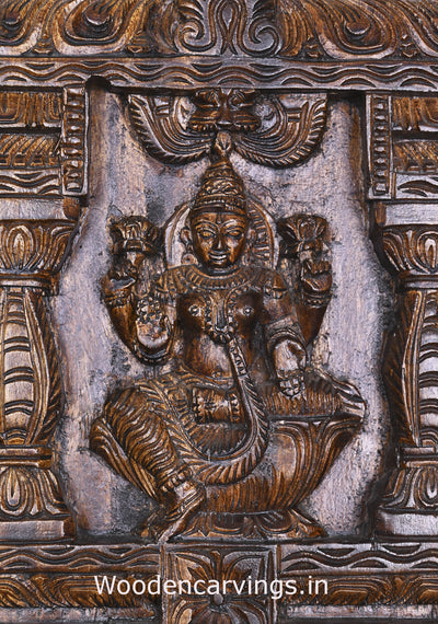 Wealthy Gorgeous Seated on Lotus Shri MahaLakshmi Polished Wooden Kavadi Wall Mount 24"