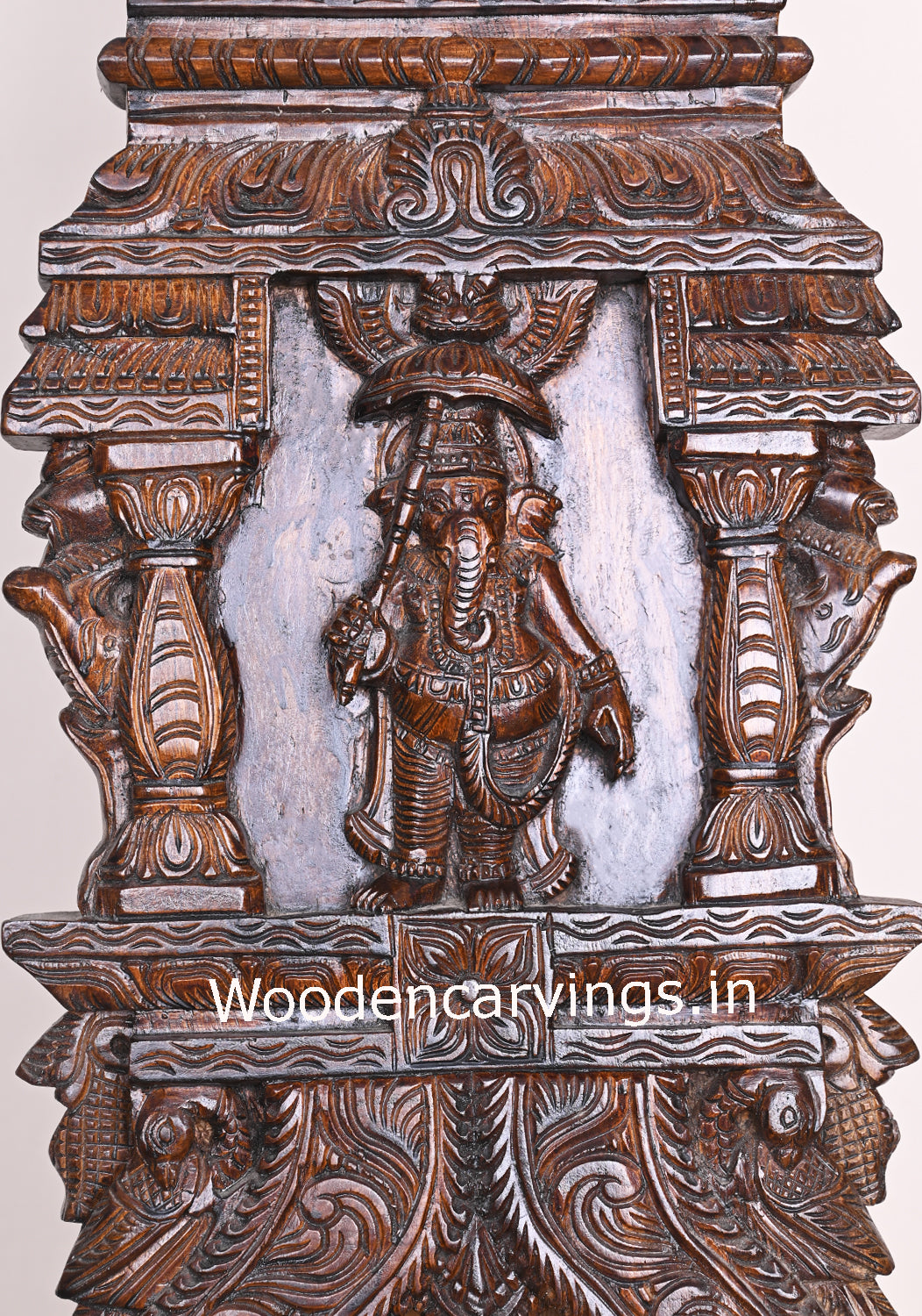 Wooden Umbrella Ganesh Standing on base with Pillar Design Art Work Polished Kavadi Wall Mount 24"