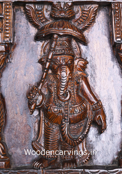 Wooden Umbrella Ganesh Standing on base with Pillar Design Art Work Polished Kavadi Wall Mount 24"