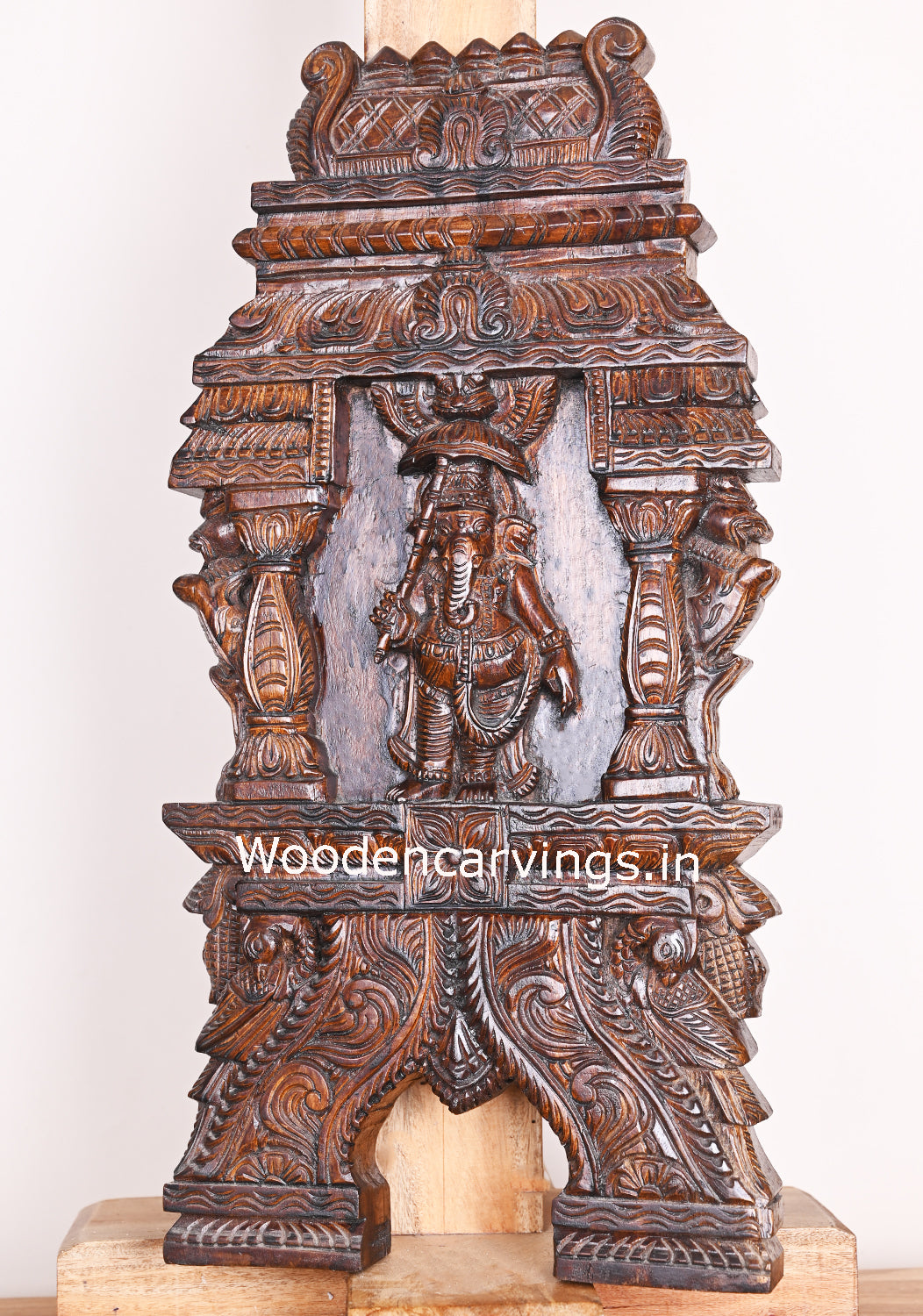 Wooden Umbrella Ganesh Standing on base with Pillar Design Art Work Polished Kavadi Wall Mount 24"