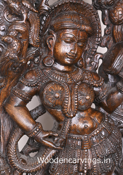 Wooden Attractive Standing Gorgeous Apsara Holding Mirror For Wear bindi Jali Work Wall Mount 37"