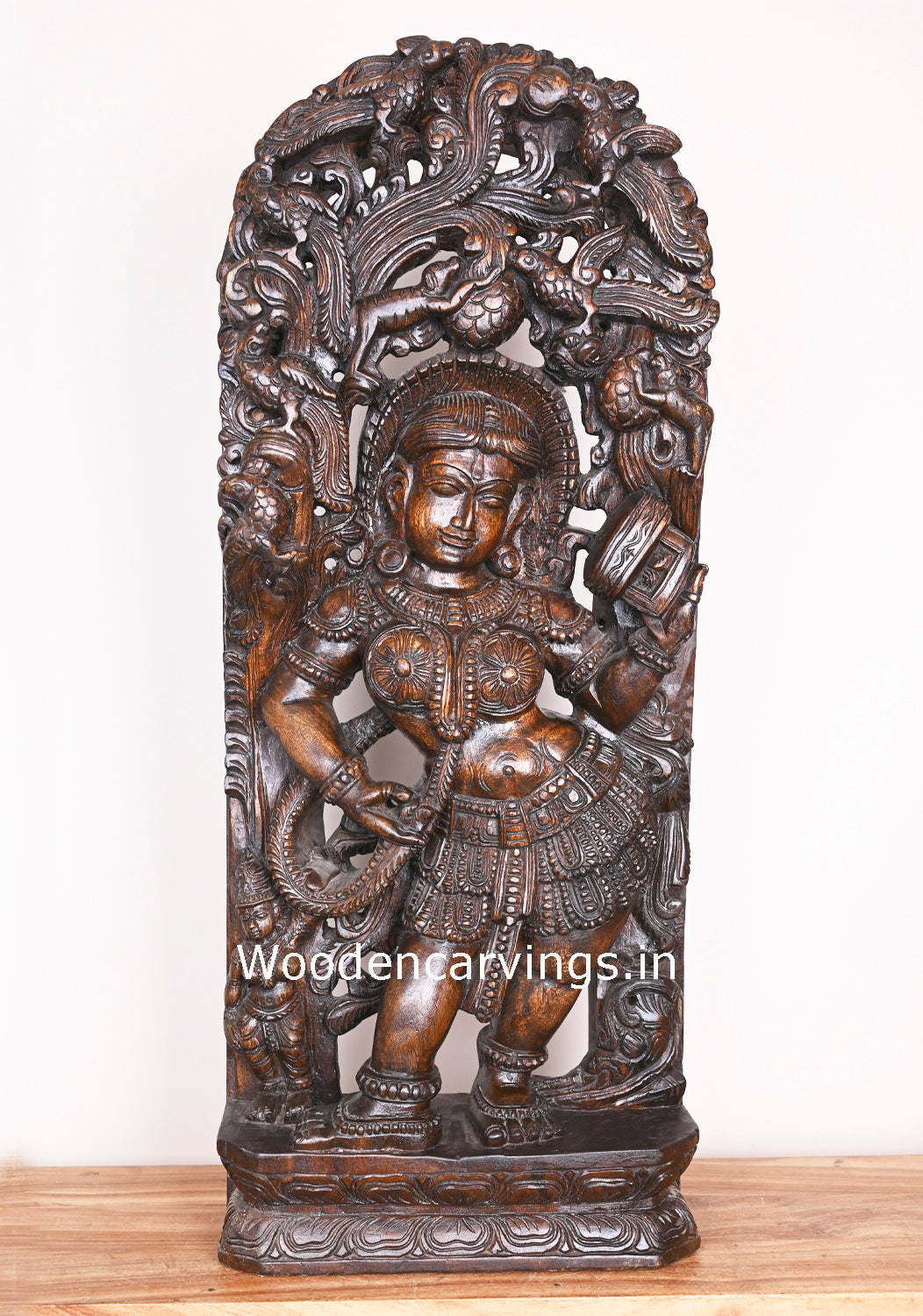 Wooden Attractive Standing Gorgeous Apsara Holding Mirror For Wear bindi Jali Work Wall Mount 37"