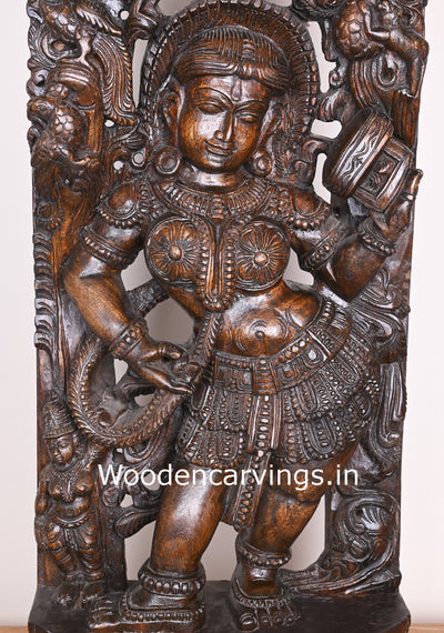 Wooden Attractive Standing Gorgeous Apsara Holding Mirror For Wear bindi Jali Work Wall Mount 37"