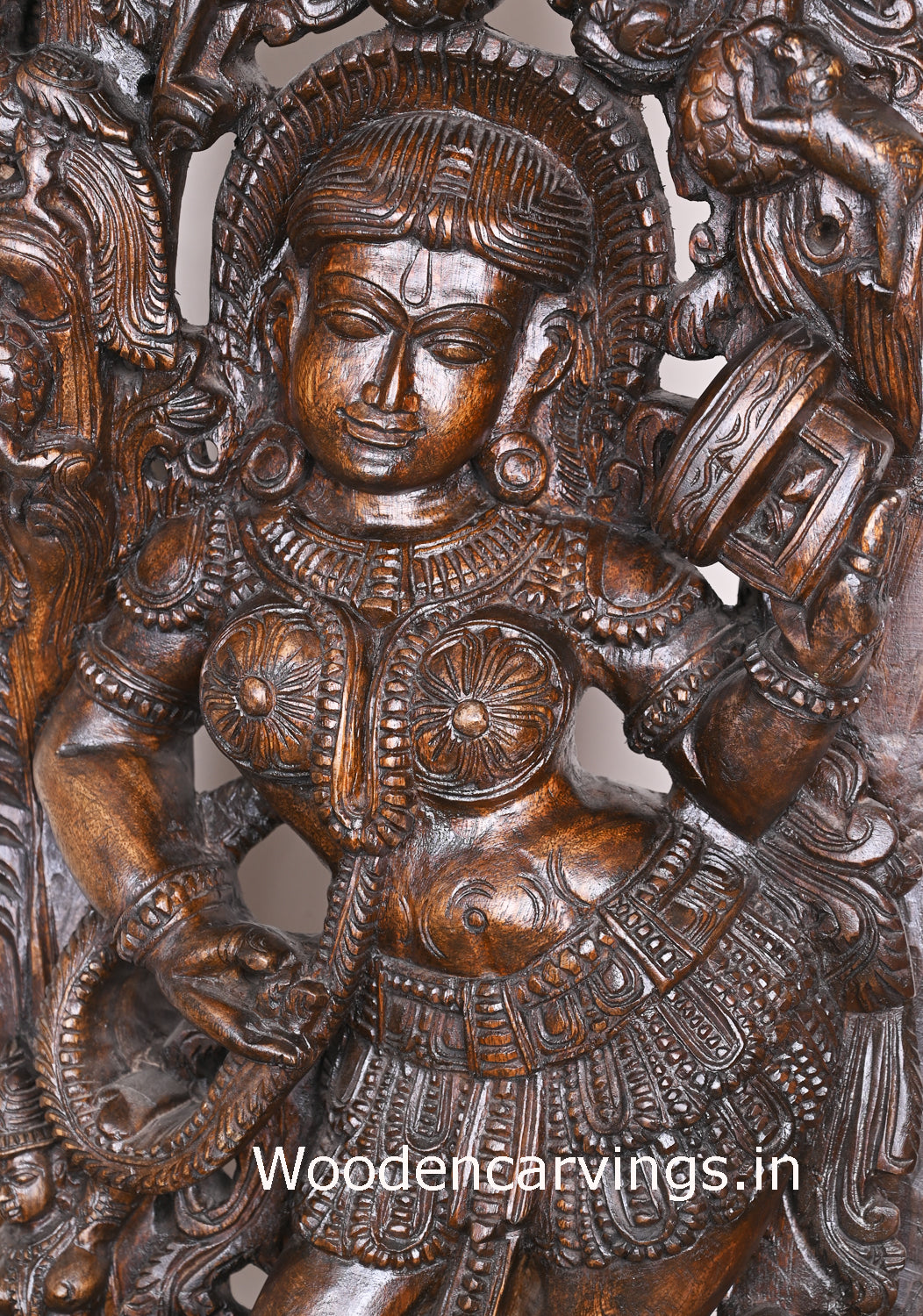 Wooden Attractive Standing Gorgeous Apsara Holding Mirror For Wear bindi Jali Work Wall Mount 37"