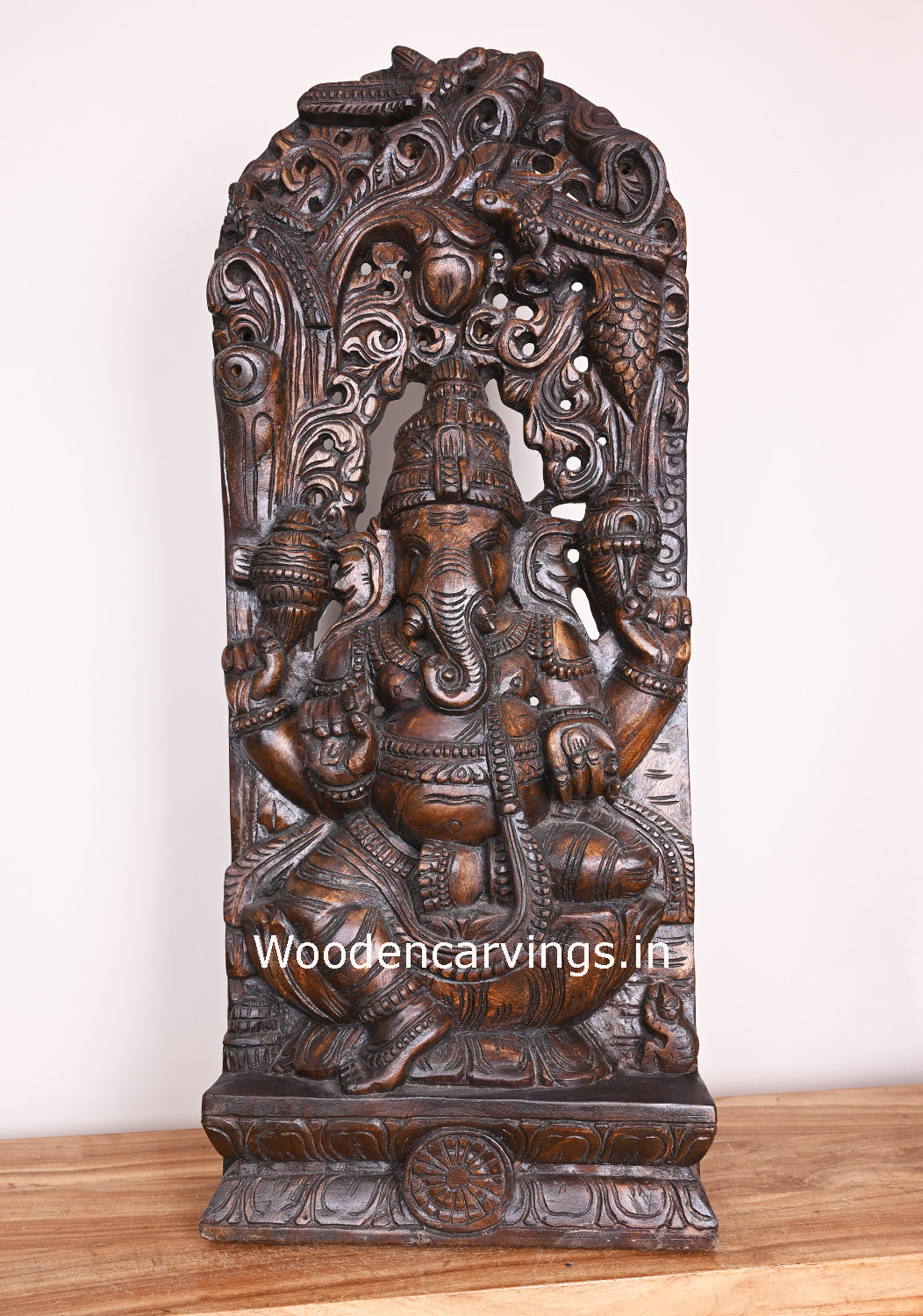 Lord Ganapathi on Lotus Decorative Polished Finishing Wooden Handmade jali Work Wall Mount 37"