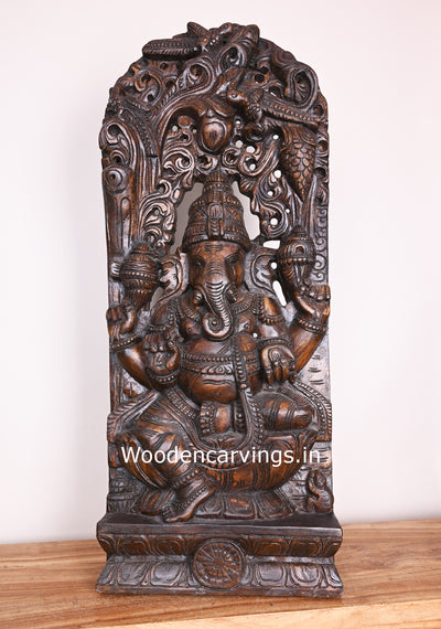 Lord Ganapathi on Lotus Decorative Polished Finishing Wooden Handmade jali Work Wall Mount 37"