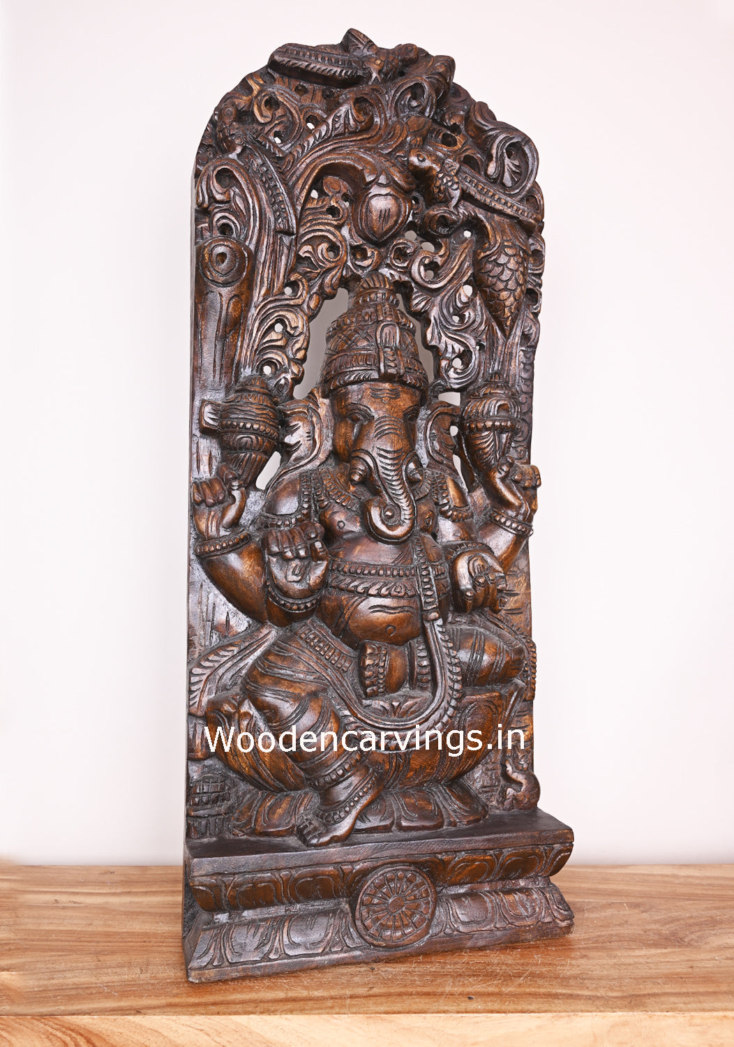Lord Ganapathi on Lotus Decorative Polished Finishing Wooden Handmade jali Work Wall Mount 37"