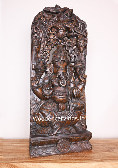 Lord Ganapathi on Lotus Decorative Polished Finishing Wooden Handmade jali Work Wall Mount 37"