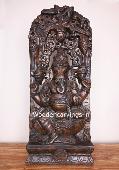 Lord Ganapathi on Lotus Decorative Polished Finishing Wooden Handmade jali Work Wall Mount 37"