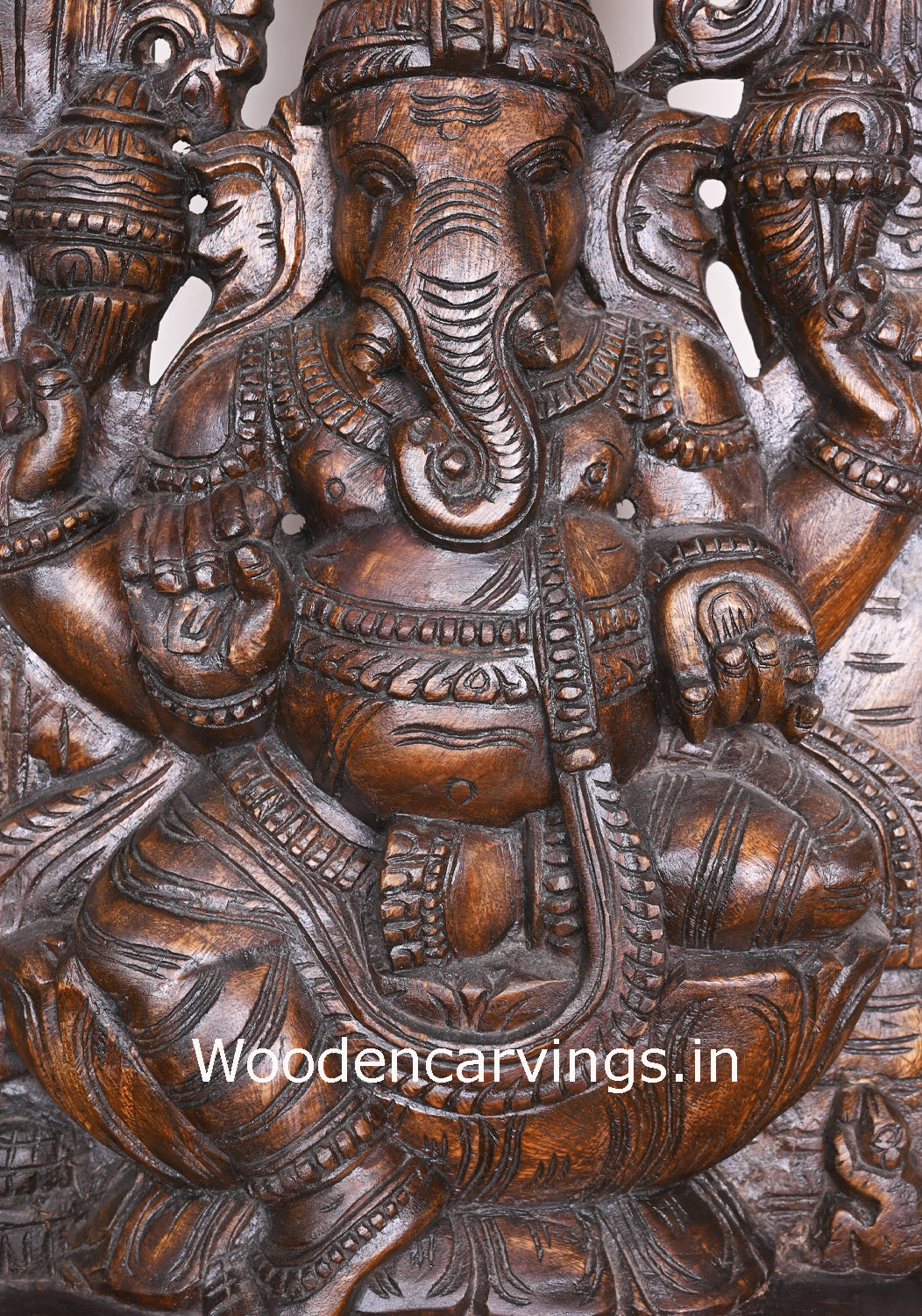 Lord Ganapathi on Lotus Decorative Polished Finishing Wooden Handmade jali Work Wall Mount 37"