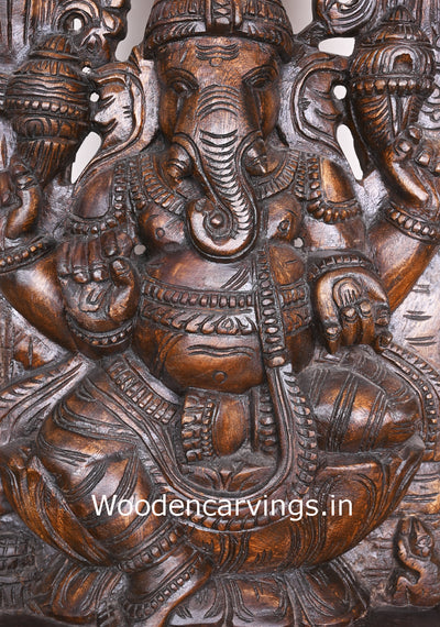 Lord Ganapathi on Lotus Decorative Polished Finishing Wooden Handmade jali Work Wall Mount 37"