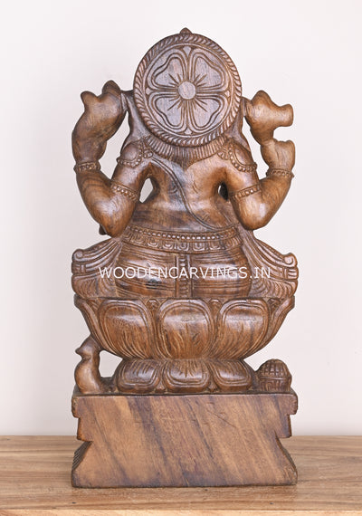 Shree Ganesha Seated on Lotus and Holding Sweet Prasad Mothak Wooden Wax Brown Handmade Sculpture 24"
