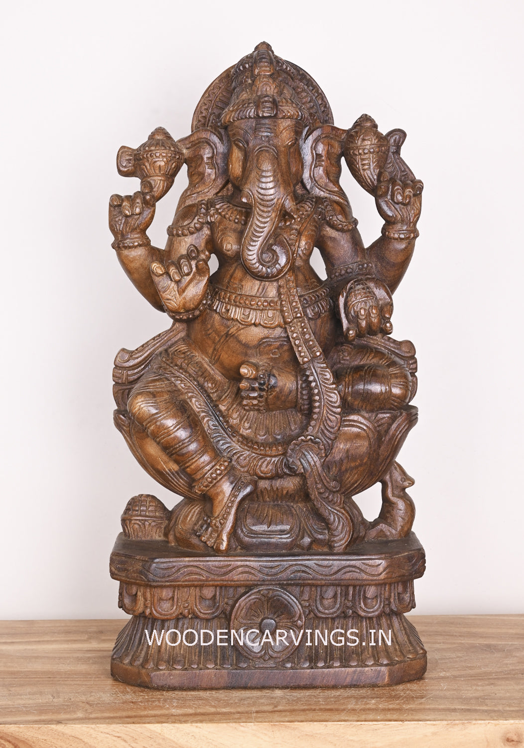 Shree Ganesha Seated on Lotus and Holding Sweet Prasad Mothak Wooden Wax Brown Handmade Sculpture 24"