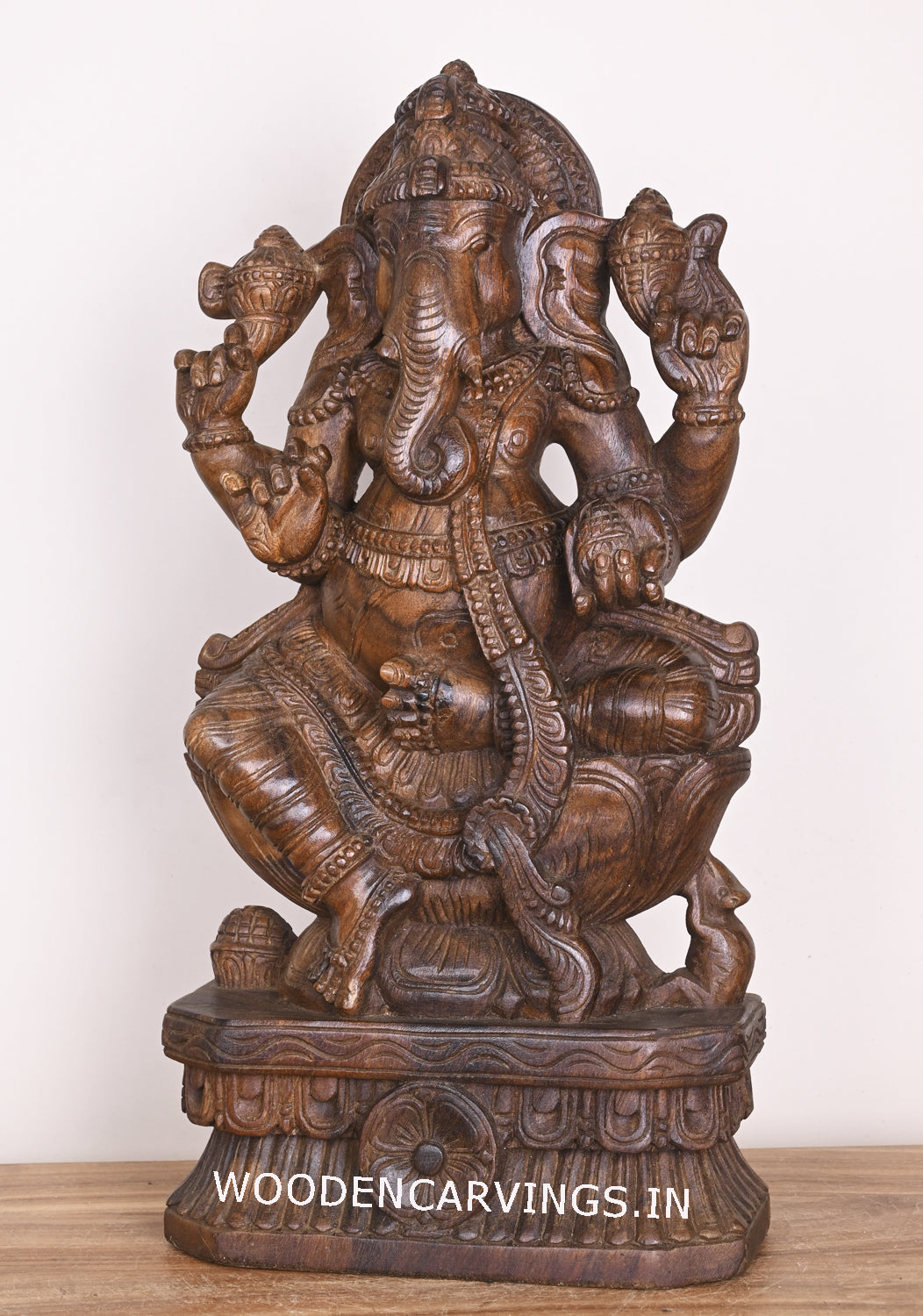 Shree Ganesha Seated on Lotus and Holding Sweet Prasad Mothak Wooden Wax Brown Handmade Sculpture 24"