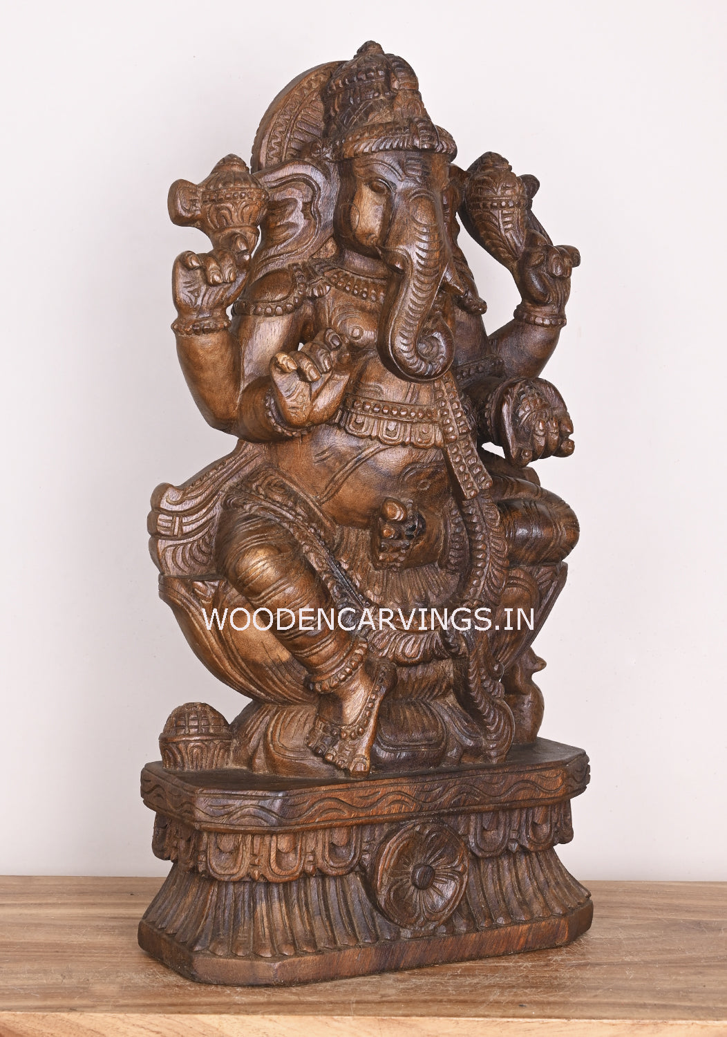 Shree Ganesha Seated on Lotus and Holding Sweet Prasad Mothak Wooden Wax Brown Handmade Sculpture 24"