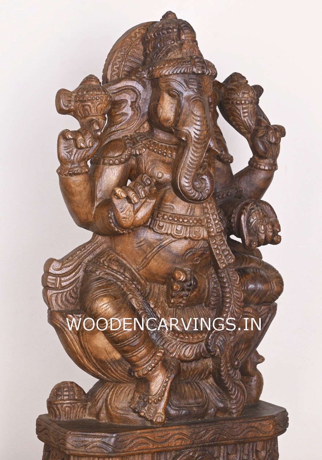 Shree Ganesha Seated on Lotus and Holding Sweet Prasad Mothak Wooden Wax Brown Handmade Sculpture 24"