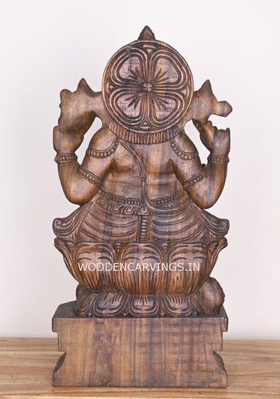 Lord Ganapathi Feet on Auspicious Lotus With His Vahana Mouse Wax Brown Handmade Wooden Sculpture 25"