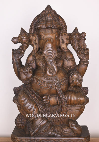 Lord Ganapathi Feet on Auspicious Lotus With His Vahana Mouse Wax Brown Handmade Wooden Sculpture 25"