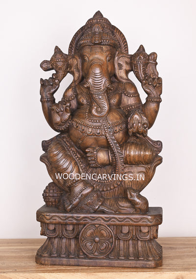 Lord Ganapathi Feet on Auspicious Lotus With His Vahana Mouse Wax Brown Handmade Wooden Sculpture 25"