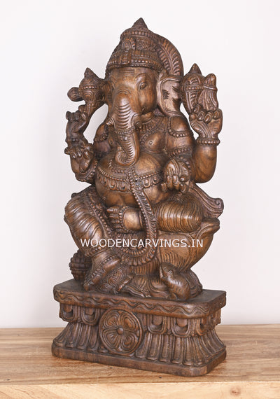 Lord Ganapathi Feet on Auspicious Lotus With His Vahana Mouse Wax Brown Handmade Wooden Sculpture 25"