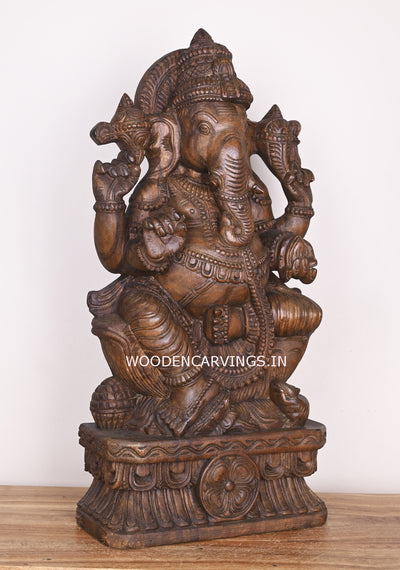 Lord Ganapathi Feet on Auspicious Lotus With His Vahana Mouse Wax Brown Handmade Wooden Sculpture 25"