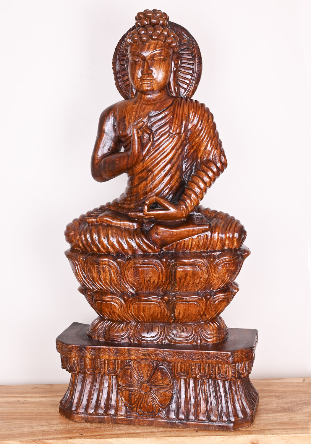 Gauthama Buddha On Double Petal Lotus With Vitarka Mudra Wooden Fine Polished Sculpture 37"