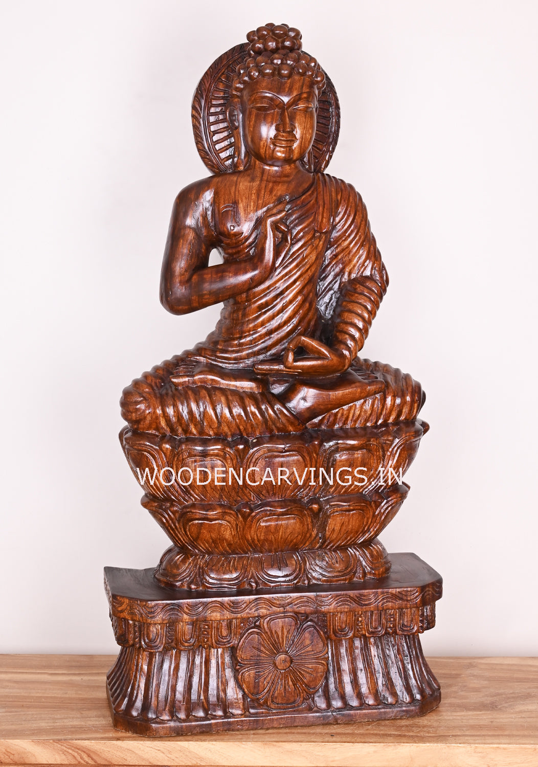 Gauthama Buddha On Double Petal Lotus With Vitarka Mudra Wooden Fine Polished Sculpture 37"