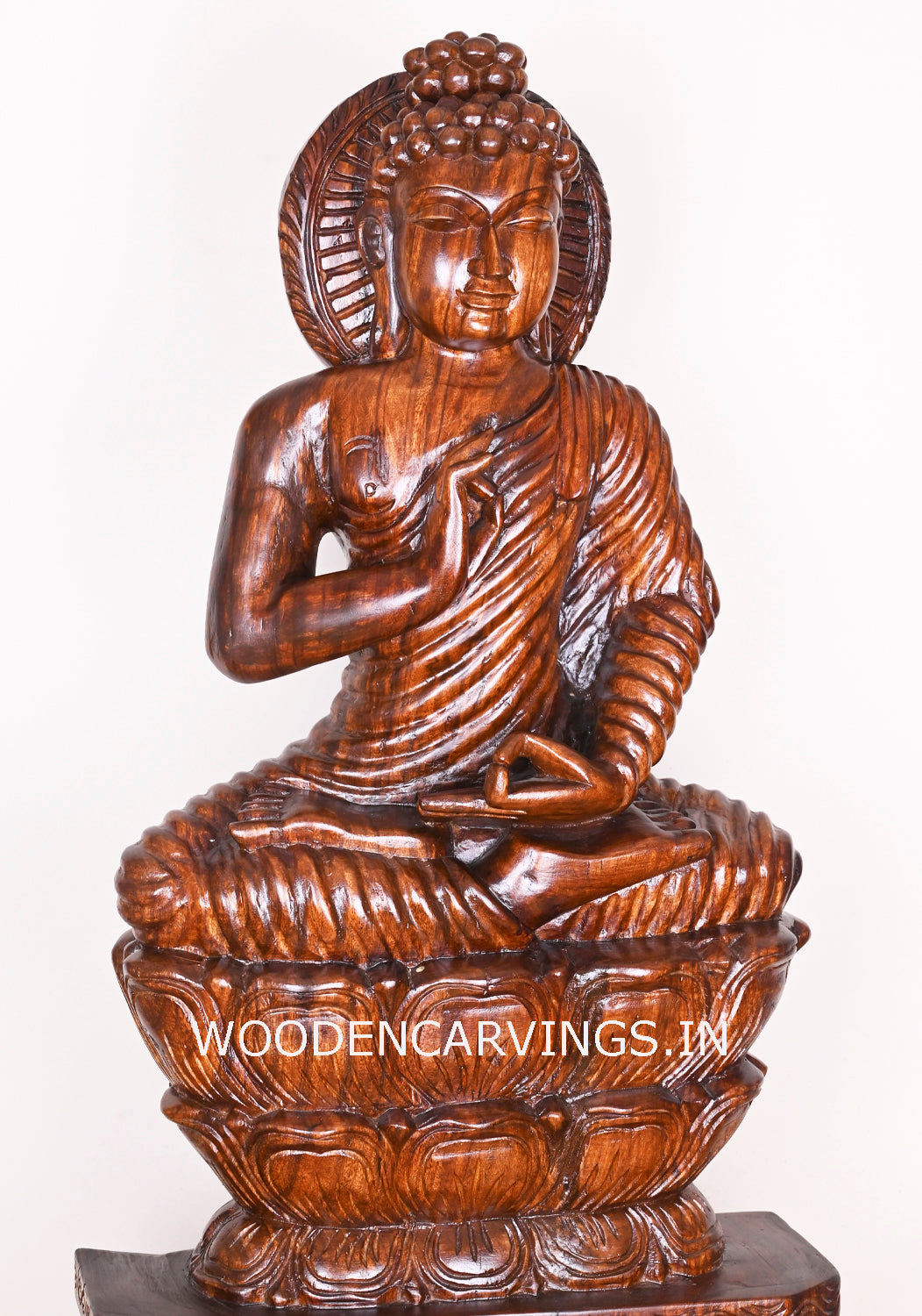 Gauthama Buddha On Double Petal Lotus With Vitarka Mudra Wooden Fine Polished Sculpture 37"