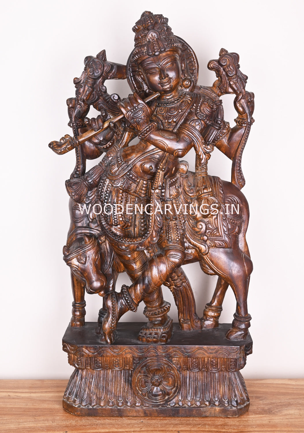 Bansuri Krishna Standing With Cow Detaily Handmade Fine Polished Finishing Wooden Sculpture 38"